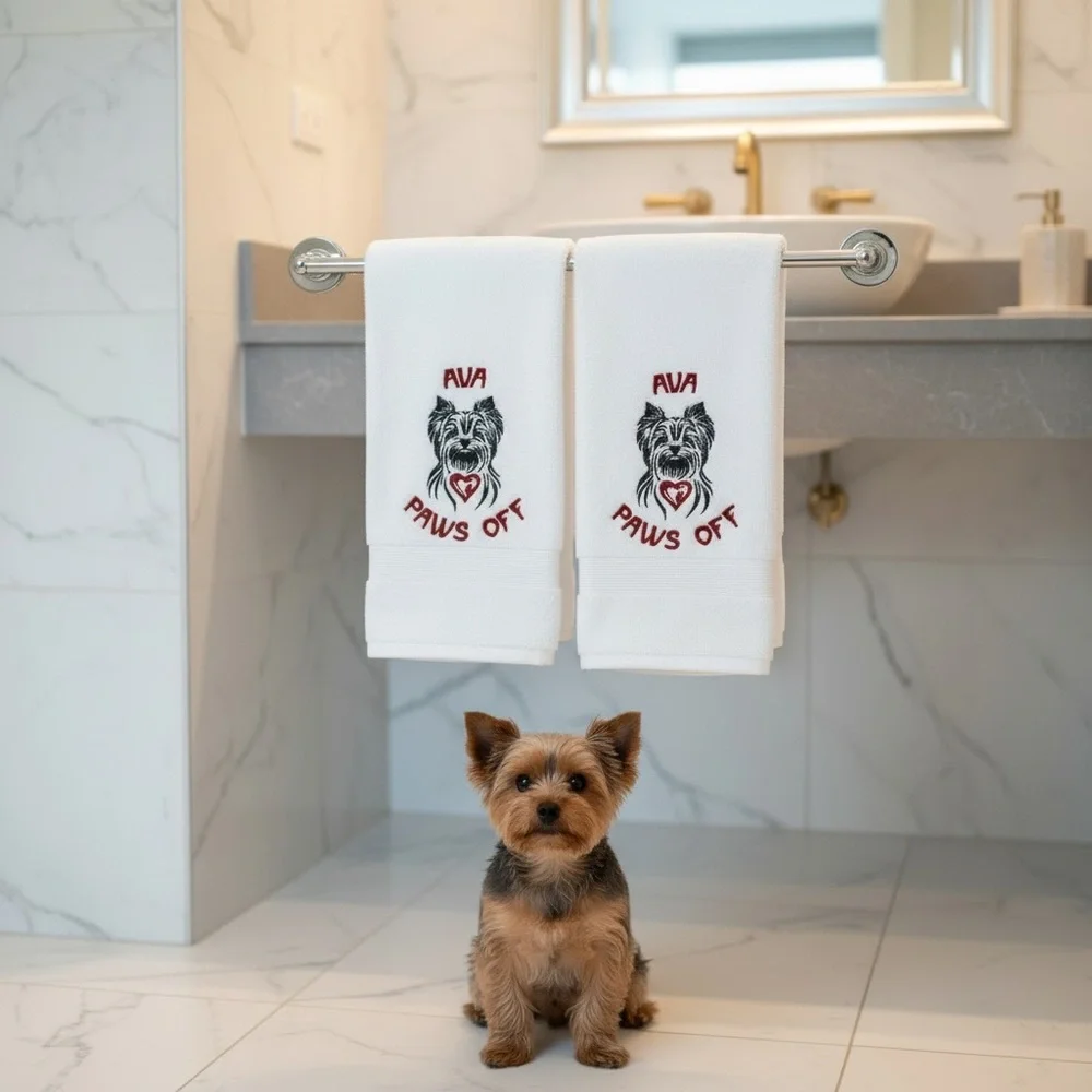 Personalized Embroidered Dog Hand and bath Towel set with your dog's name paws